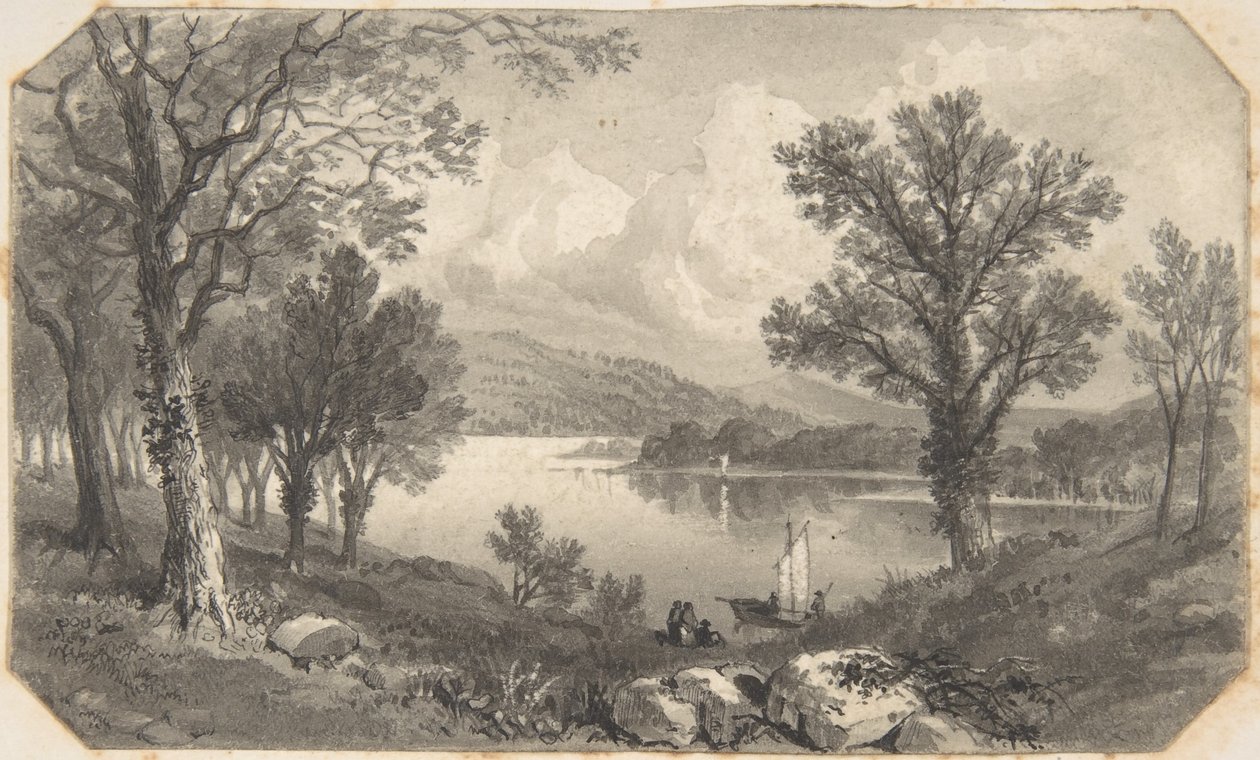 Vitorlás csónakkal látható tó vagy folyó látképe alkotó: David Octavius Hill