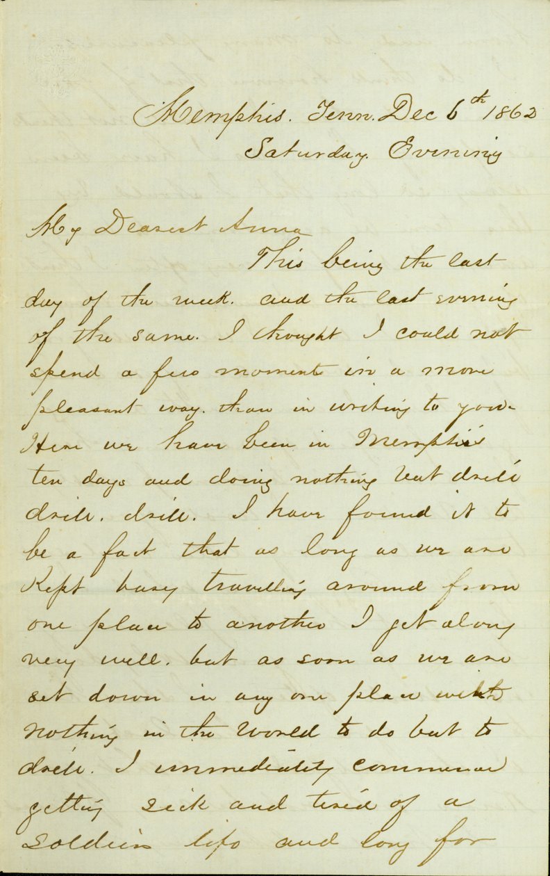 D. R. Greer levele, Memphis, Tn., Anna McKinney -nek, 1862. december 6. alkotó: David Perkins Grier
