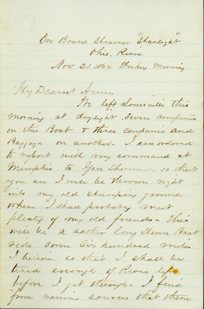 D. P. Grier levele a Steamer Starlight fedélzetén, Ohio River, Anna McKinney -nek, 1862. november 21. alkotó: David Perkins Grier