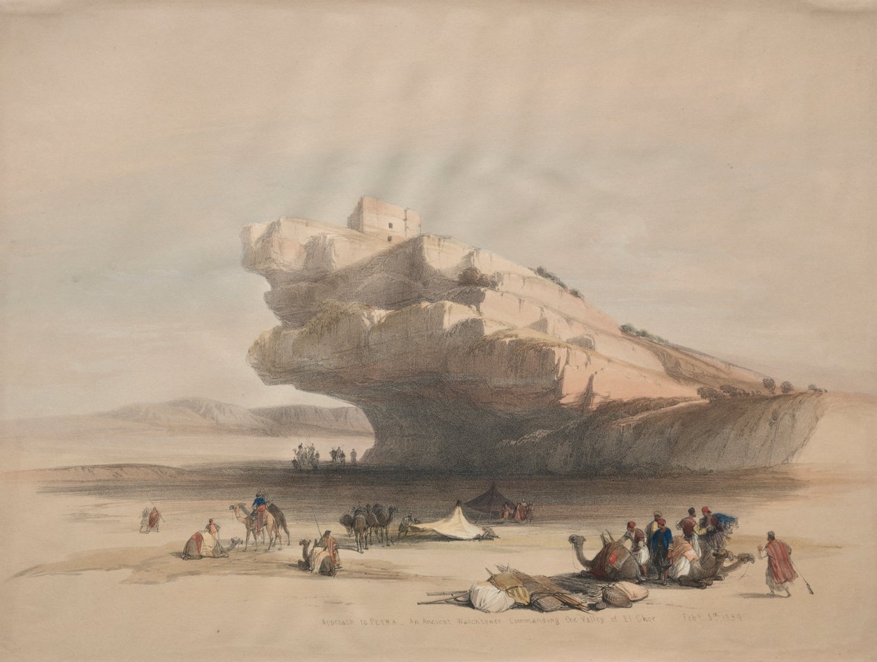 Petra megközelítése, egy ősi Őrtorony, amely az El Chor völgyét irányította, 1839. alkotó: David Roberts