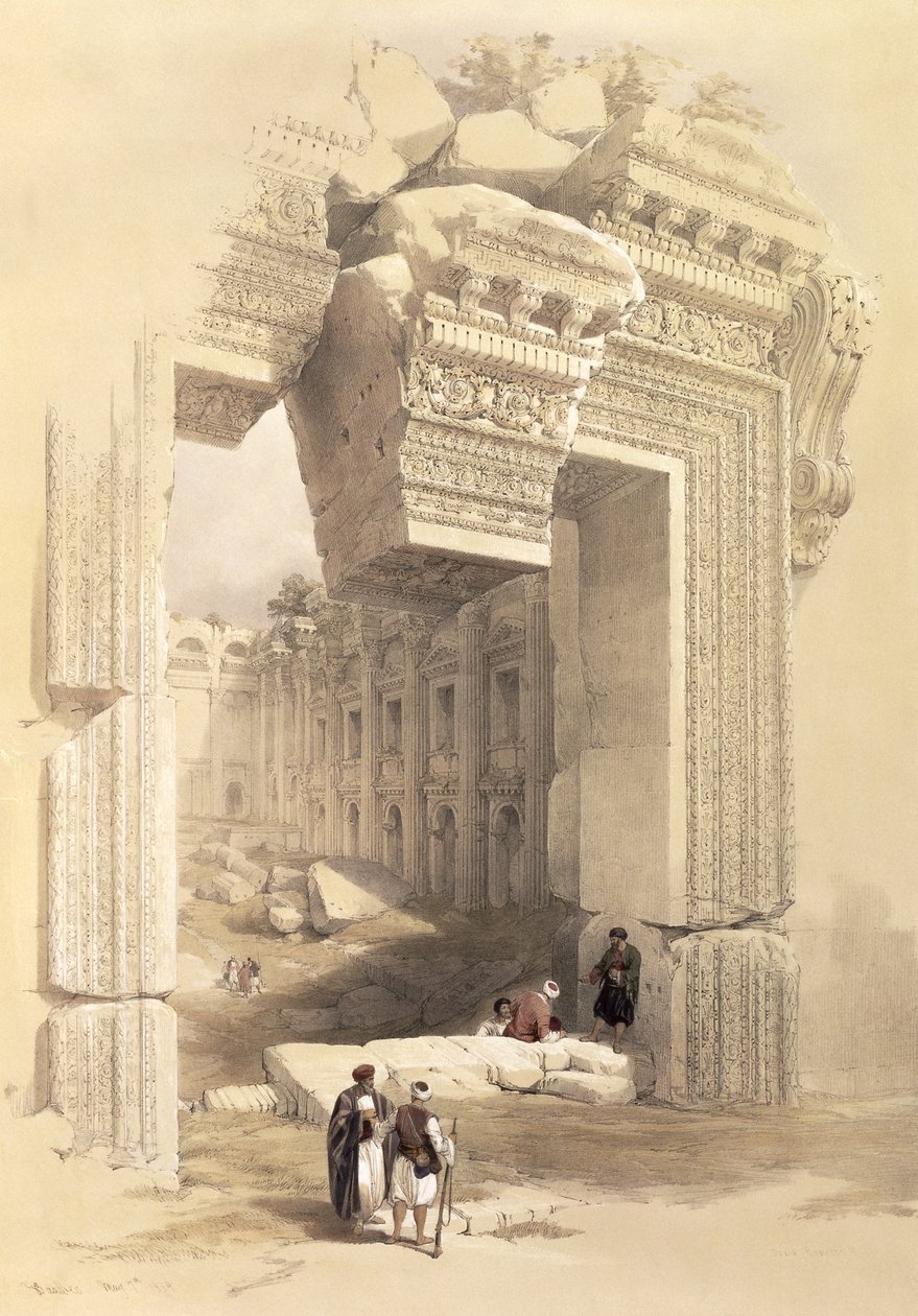 Baalbec, 1839. május 7., „A Szentföld” II. kötetének 81. táblája, Louis Haghe (1806-85) kocsma metszete. 1843 alkotó: David Roberts