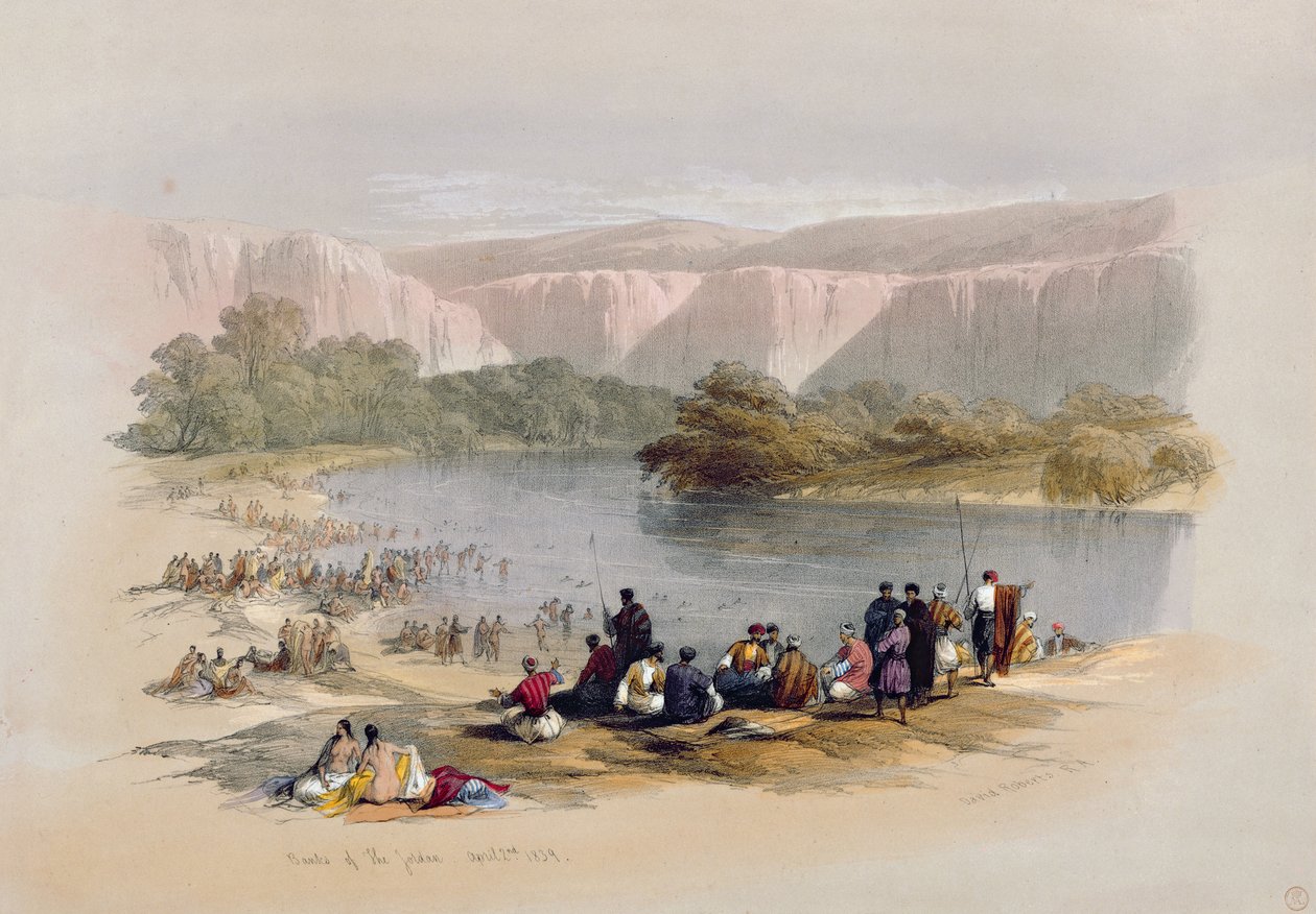 A Jordán partjai, 1839. április 2., a „The Holy Land” II. kötetének 48. táblája, Louis Haghe (1806-85) kocsma metszetével. 1843 alkotó: David Roberts