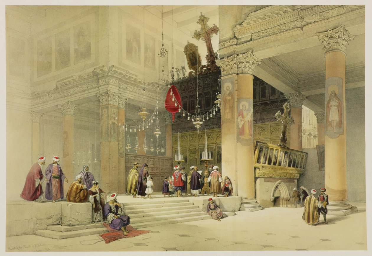 A Szent Ilona-templom kancellárja, a „Szentföld” II. kötetének 87. táblája, Louis Haghe (1806-85) kocsma metszete. 1843 alkotó: David Roberts