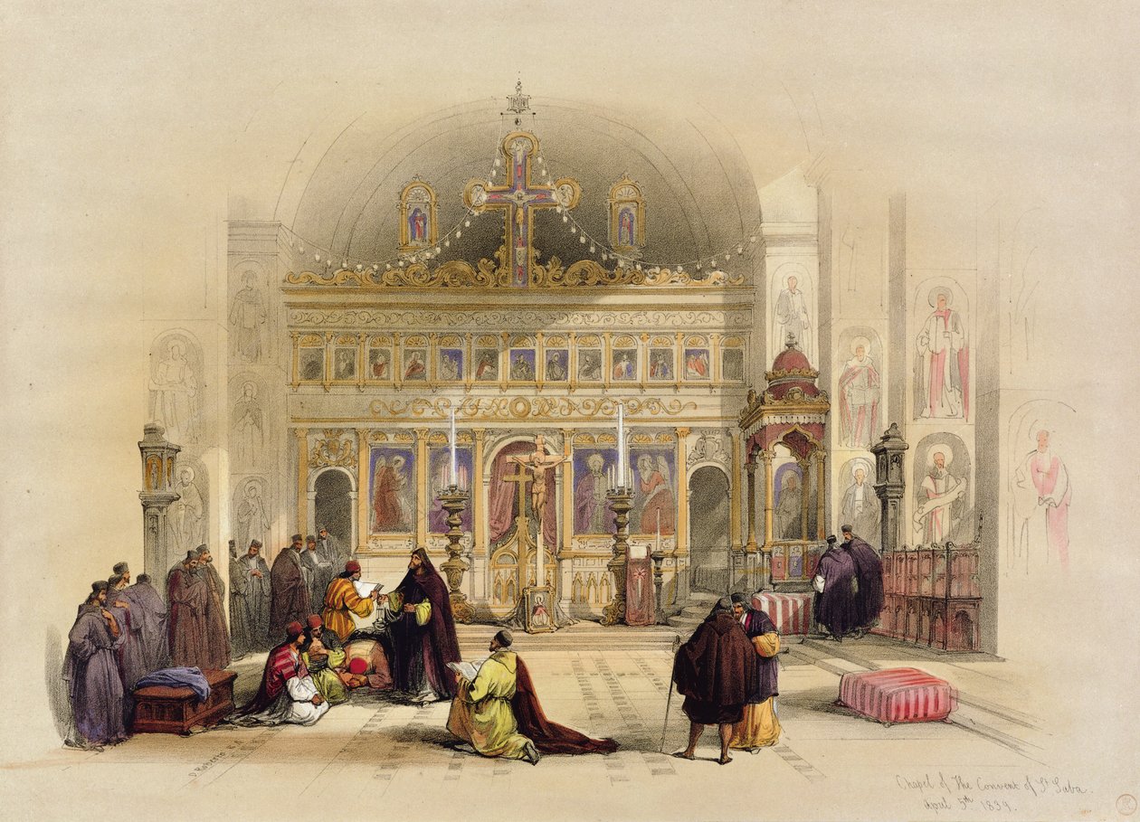 A Szent Szabai kolostor kápolnája, 1839. április 5., a II. kötetből, „kiadva Londonban, „The Holy Land”; metszett: Louis Haghe (1806-85) 1842 Land,