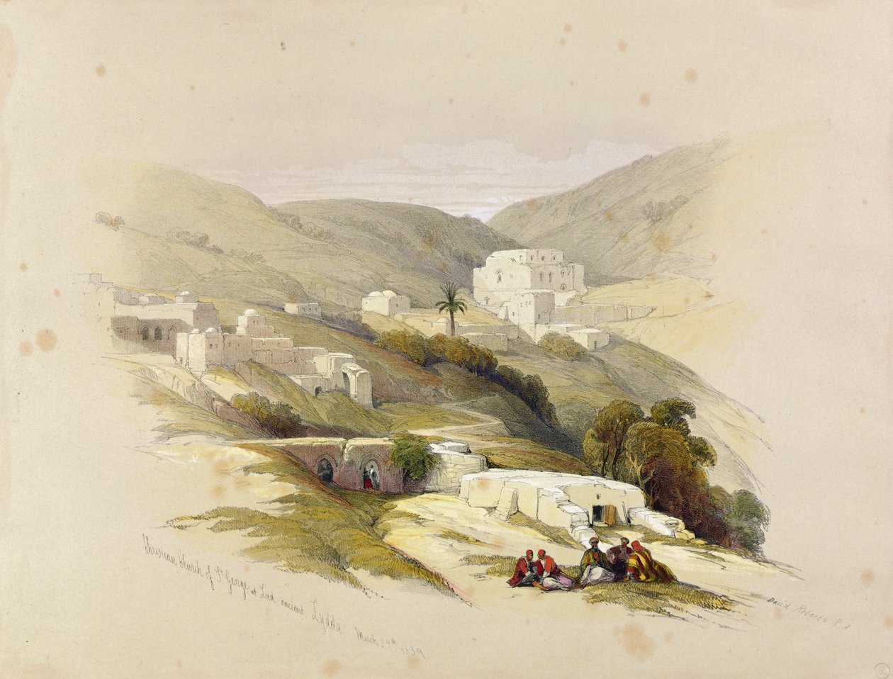 Szent György keresztény templom Ludban (Az ókori Lydda) 1839. március 29., a „The Holy Land” II. kötetéből; Louis Haghe (1806-85) 1842-ben Londonban publikálta alkotó: David Roberts