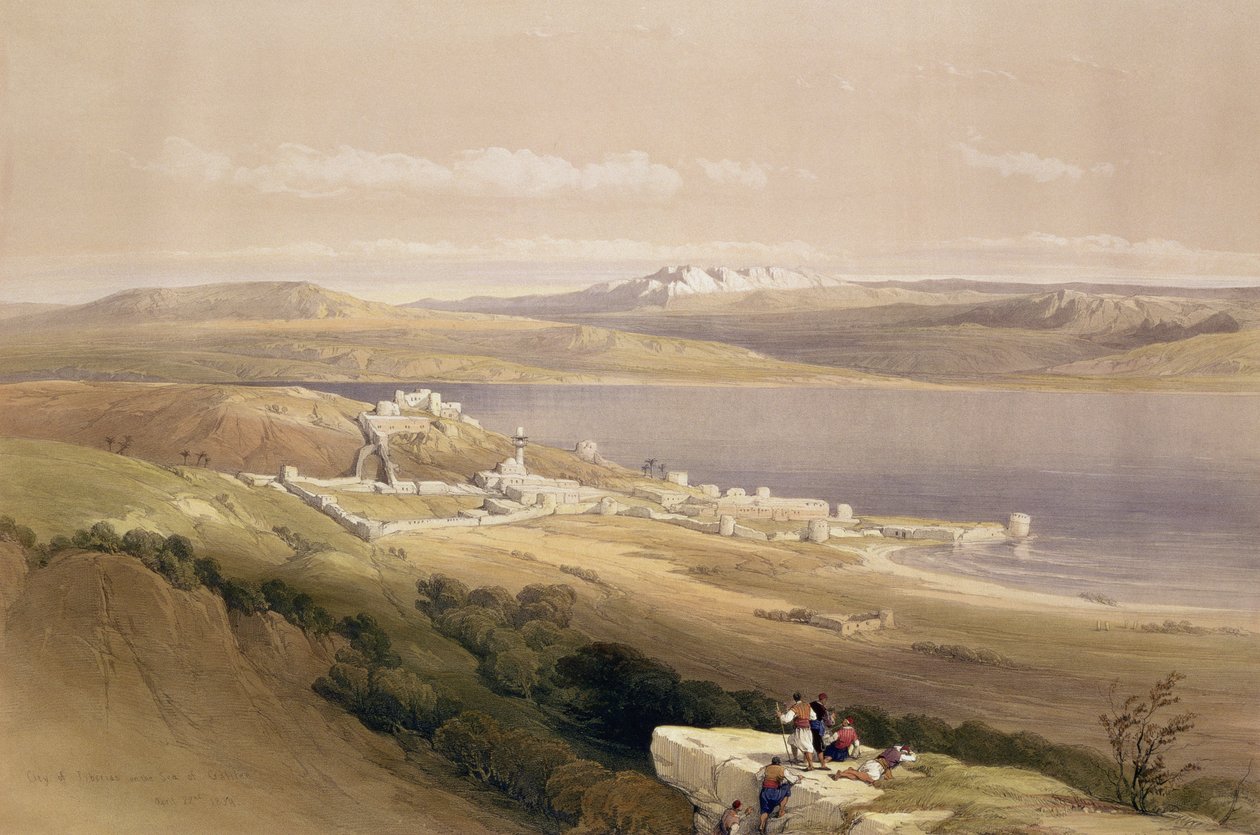 Tiberias városa a Galileai-tengeren, 1839. április 22., „A Szentföld” I. kötetének 38. táblája, Louis Haghe (1806-85) kocsma metszetével. 1842 alkotó: David Roberts