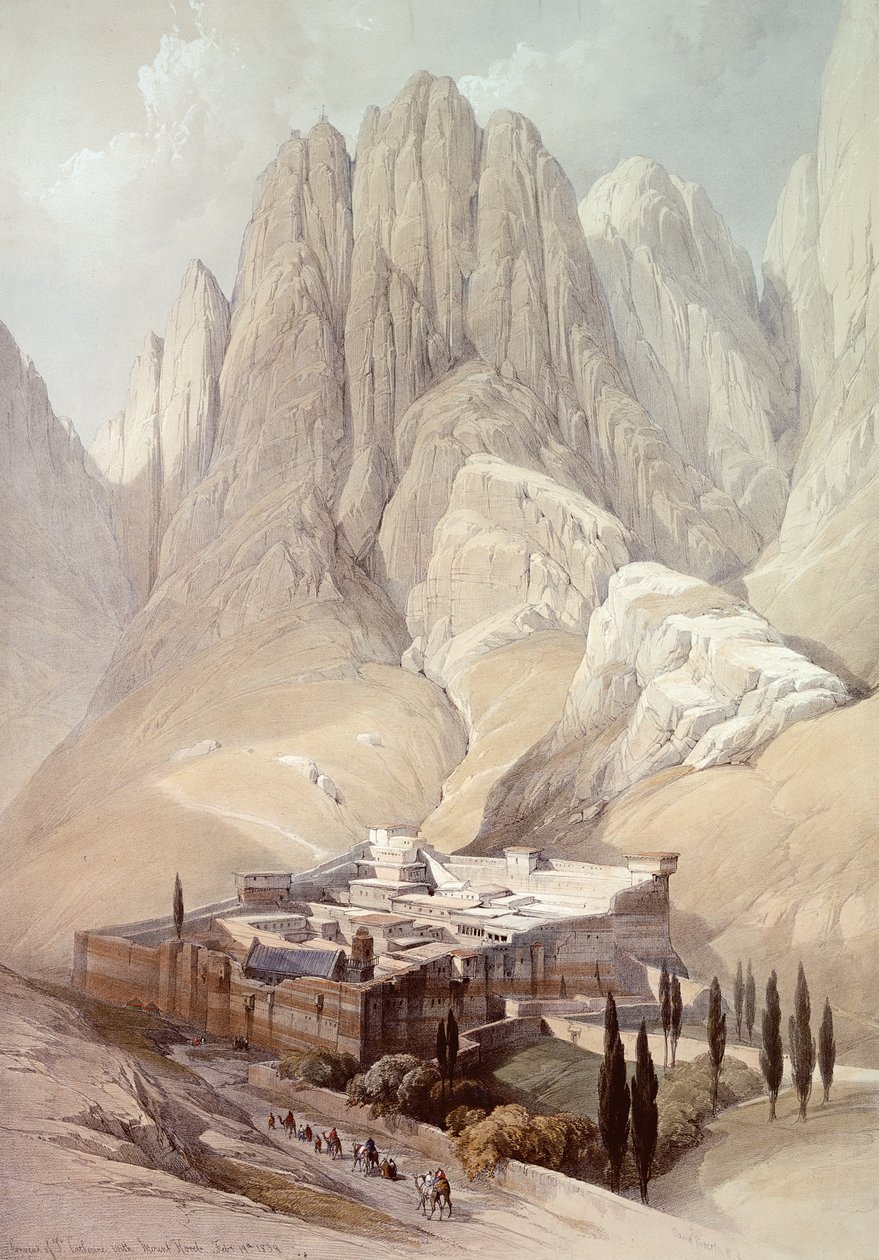 Szent Katalin kolostor a Hóreb hegyével, 1839. február 19., 118. tábla a „Szentföld” III. kötetéből, vésette Louis Haghe (1806-85) pub.1849 alkotó: David Roberts