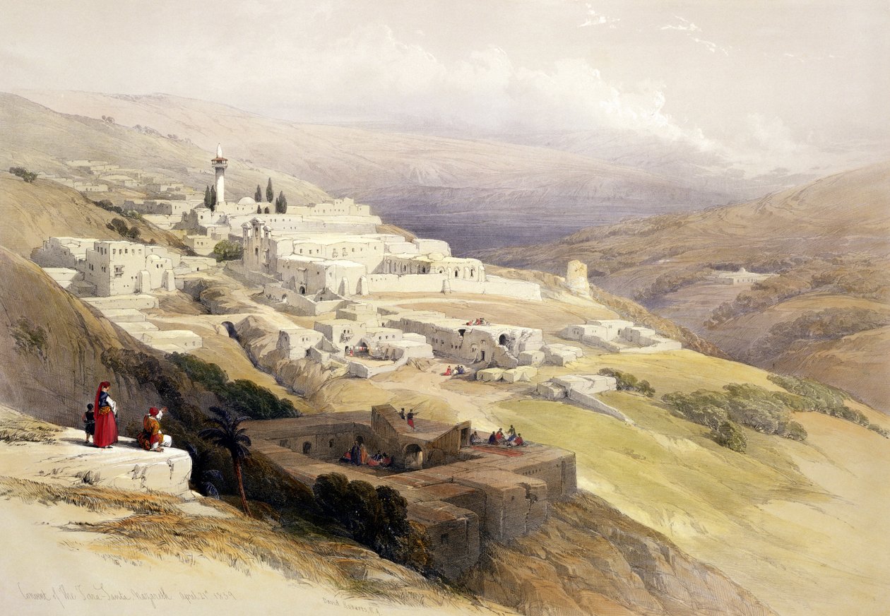 Terra Santa kolostor, Názáret, 1839. április 21., 30. tábla a „Szentföld” I. kötetéből, Louis Haghe (1806-85) kocsma metszetével. 1842 alkotó: David Roberts