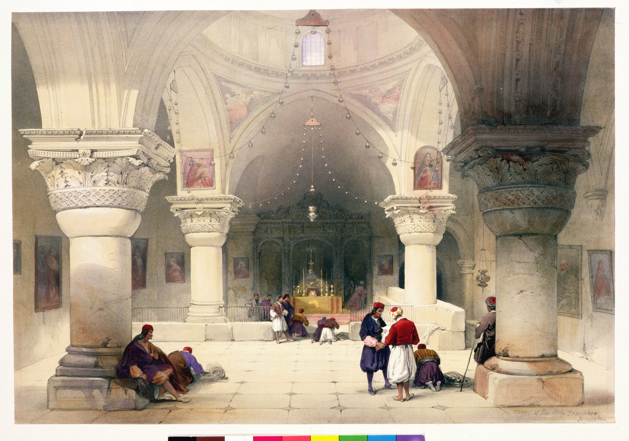 A Szent Sír kriptája, Jeruzsálem, „A Szentföld” I. kötetének 20. táblája, Louis Haghe (1806-85) pub metszetével. 1842 alkotó: David Roberts