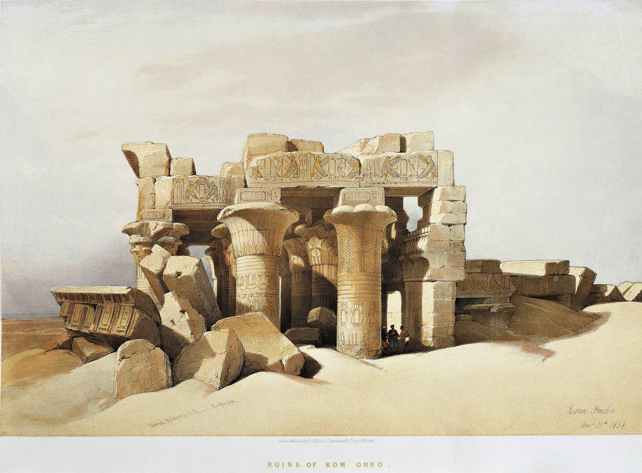 Egyiptom, A Szobek és Hórusz tiszteletére szentelt Kom Ombo templom romjai, David Roberts, metszet alkotó: David Roberts