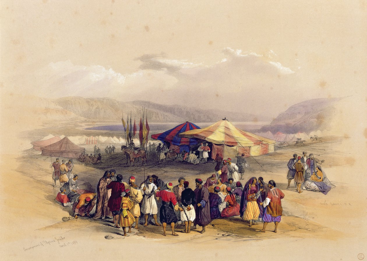 A zarándokok táborozása Jerikóban" 1839. április 1., a "The Holy Land" II. kötetéből; Louis Haghe (1806-85) metszete, London, 1842. alkotó: David Roberts