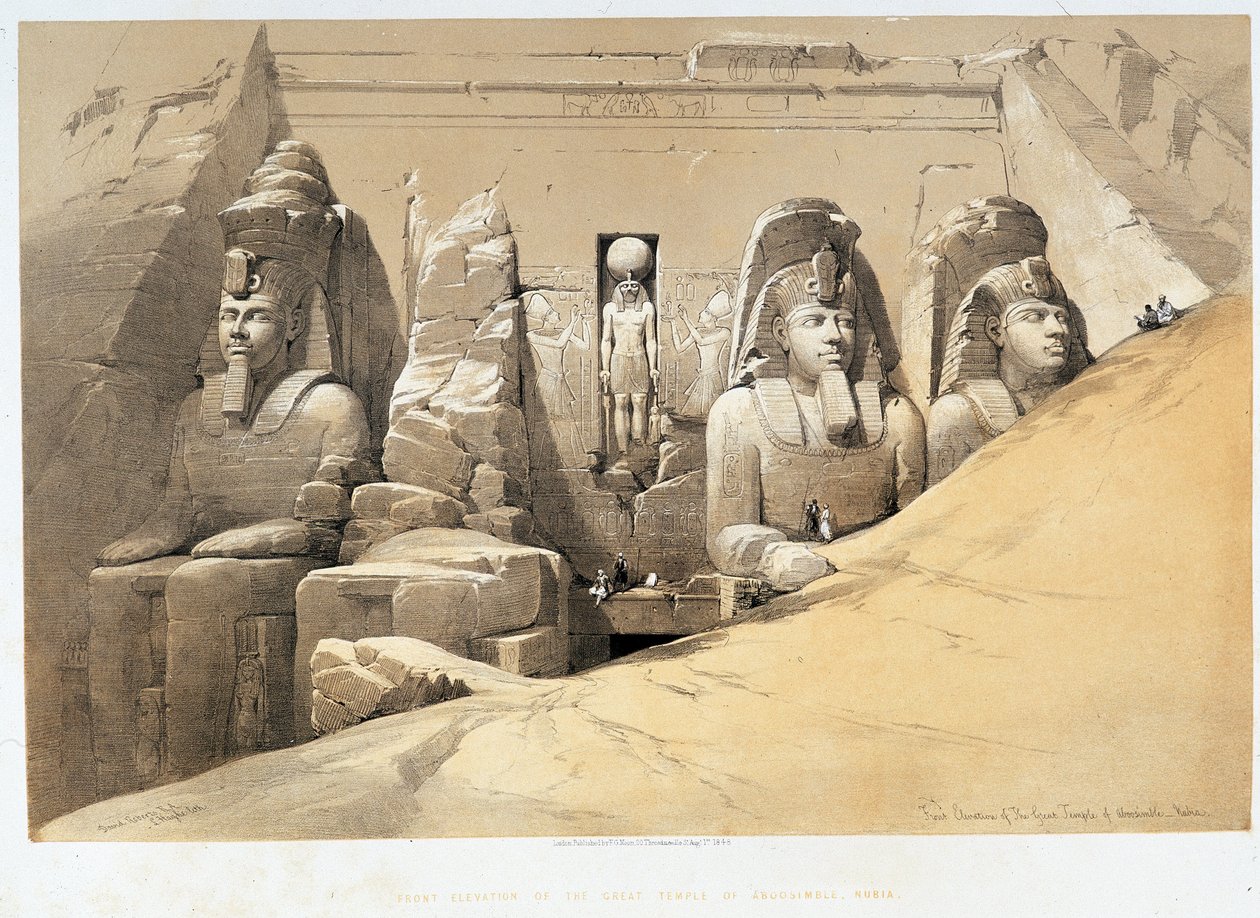Aboo Simbel (Abu Simbel, Abu vagy Abu Simbel), Núbia (Nubia) nagy templomának homlokzata a „"The Holy Land"-ben, London 1849 alkotó: David Roberts