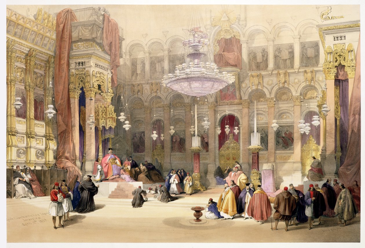 Görög Szent Sír-templom, Jeruzsálem, 1839. április 11., „A Szentföld” I. kötetének 4. táblája, Louis Haghe (1806-85) kocsma metszetével. 1842 alkotó: David Roberts