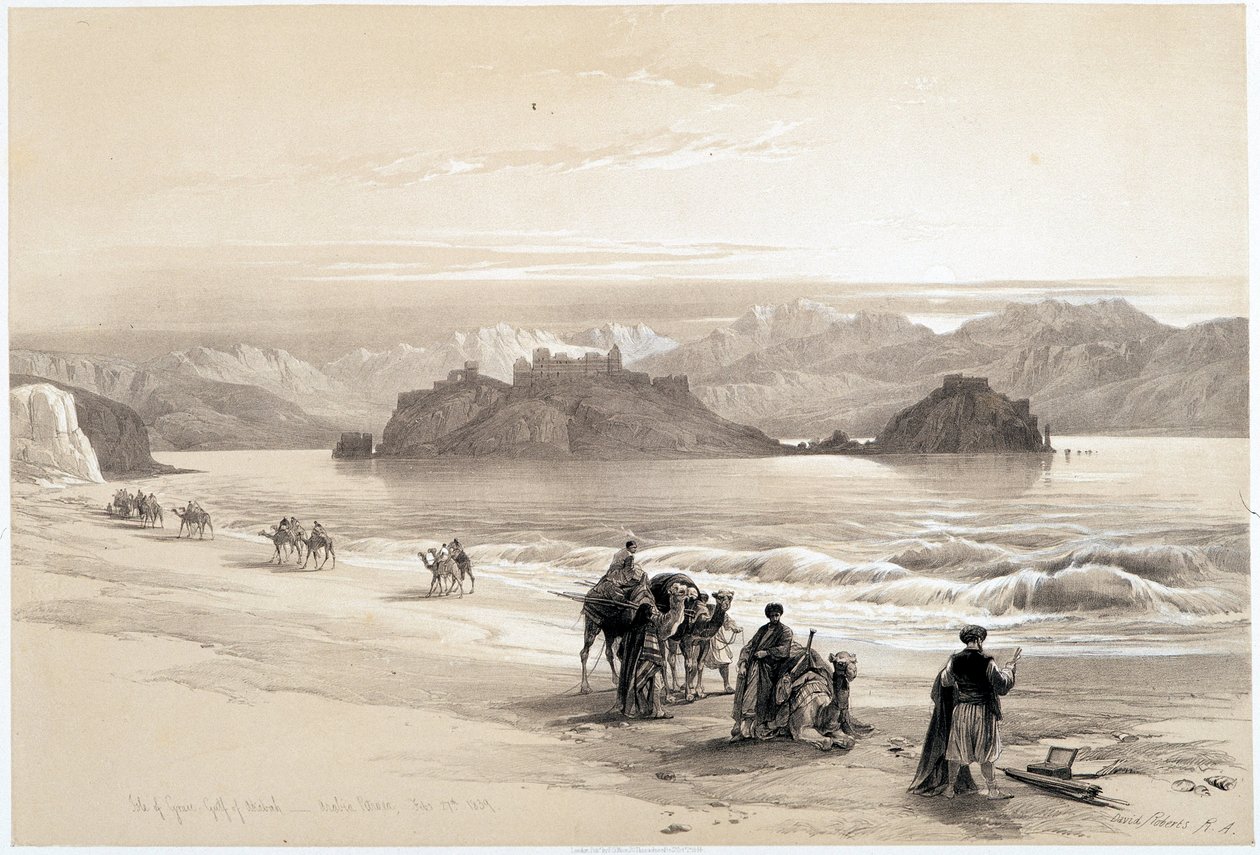 Graia szigete, Akabah-öböl (Akaba vagy Aqaba), 1839.02.27-én készült rajz „A Szentföldön”, London 1849 alkotó: David Roberts