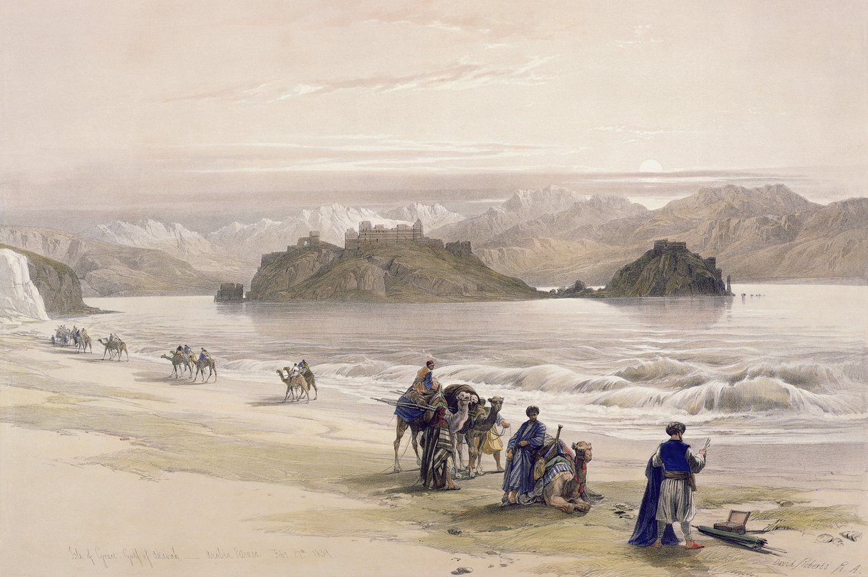 Graie-sziget, Akabah-öböl, Arabia Petraea, 1839. február 27., 108. tábla a „The Holy Land” III. kötetéről, vésette Louis Haghe (1806-85) pub. 1849 alkotó: David Roberts