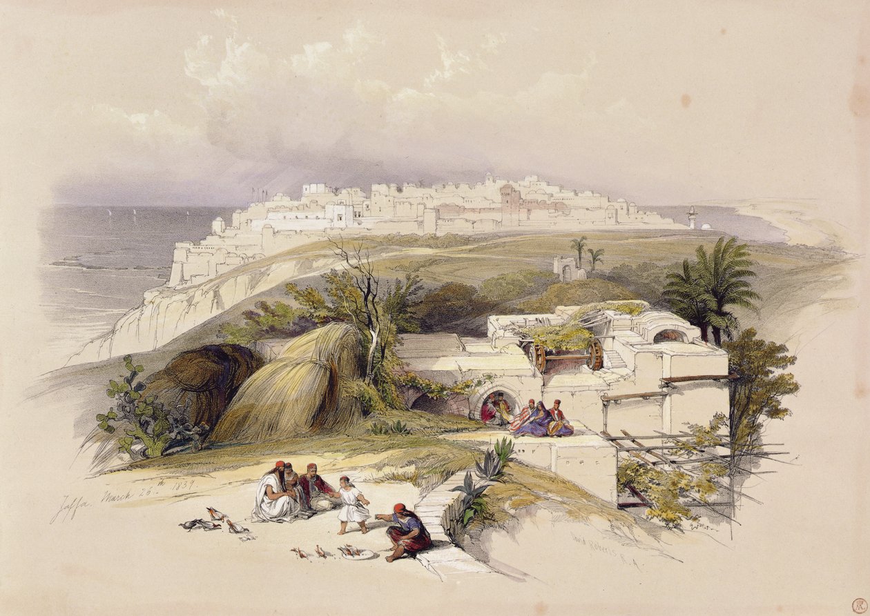 Jaffa, 1839. március 26., a „The Holy Land” II. kötetének 62. táblája, Louis Haghe (1806-85) kocsma metszetében. 1843 alkotó: David Roberts