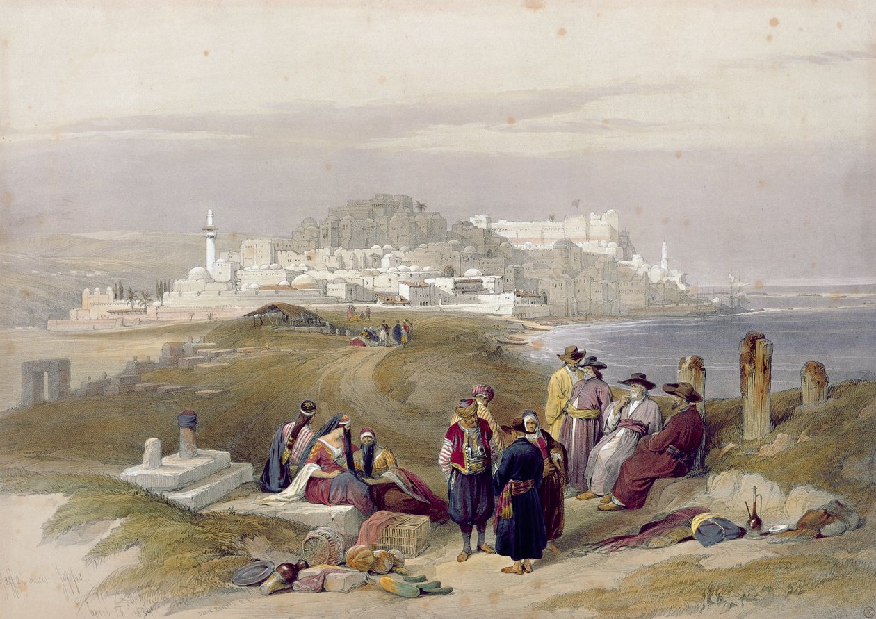 Jaffa, ókori Joppa, 1839. április 16., 61. tábla a „The Holy Land” II. kötetből, Louis Haghe (1806-85) kocsma metszetével. 1843 alkotó: David Roberts