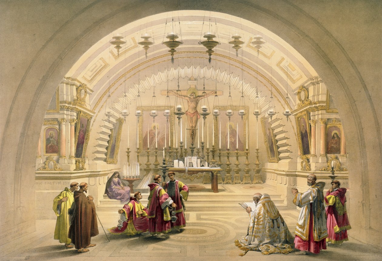 Jeruzsálem, 1839. április 10., „A Szentföld” I. kötetének 26. táblája, Louis Haghe (1806-85) kocsma metszete. 1842 alkotó: David Roberts