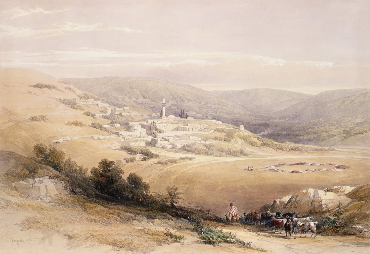 Názáret, 1839. április 28., a „The Holy Land” I. kötet 28. táblája, Louis Haghe (1806-85) kocsma metszetével. 1842 alkotó: David Roberts