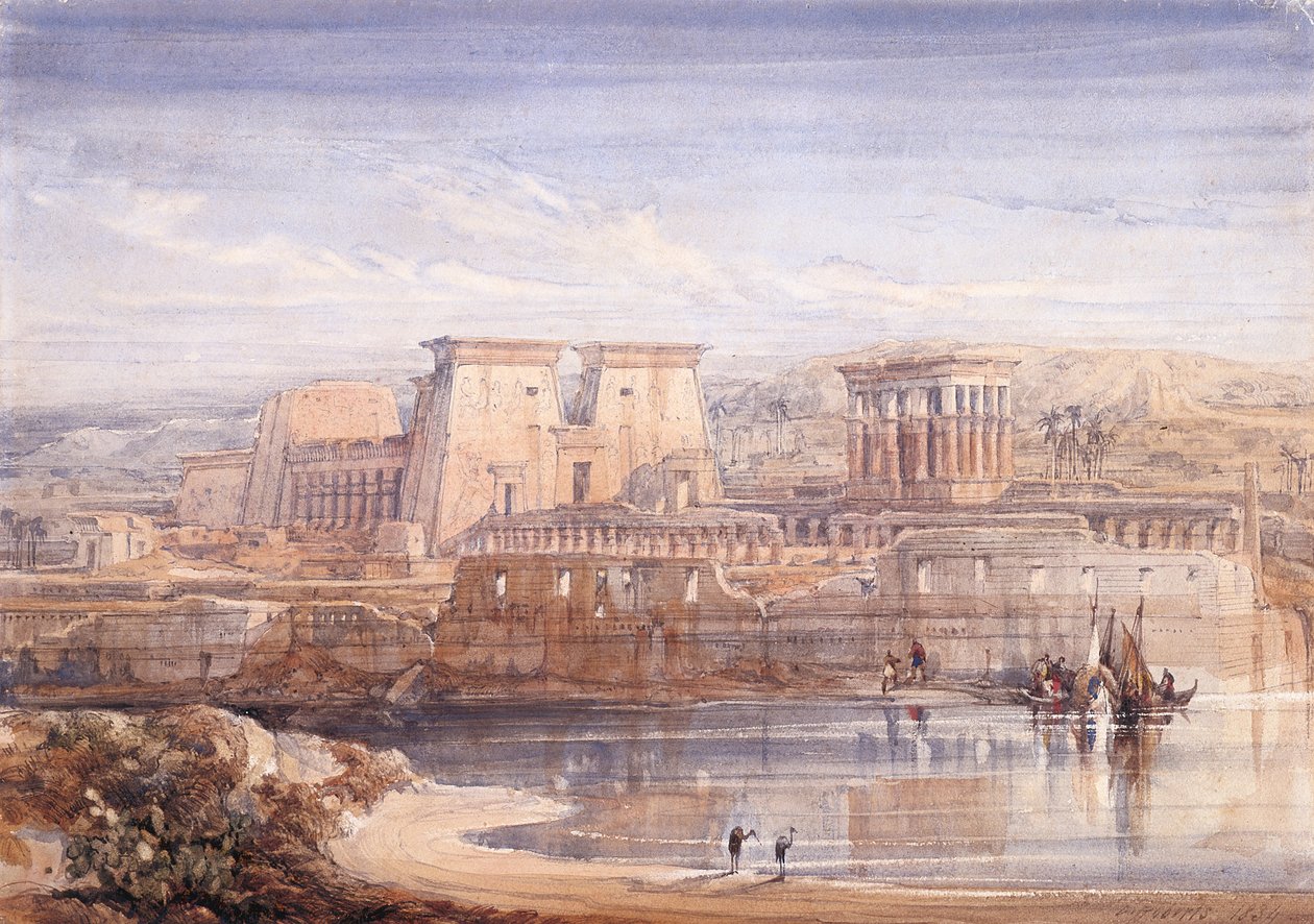 Philae: A templomok kilátása délről (akvarell és gouache fehér papíron) alkotó: David Roberts