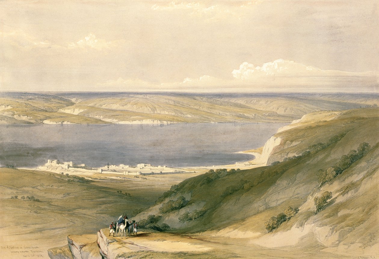 Galileai-tenger vagy Genezáret, Básán felé nézve, 1839. április 21., 36. tábla a "The Holy Land" I. kötetéből, metszette Louis Haghe (1806-85) pub. 1842 alkotó: David Roberts