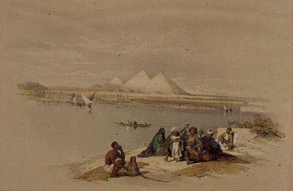 A gízai piramisok a Nílus felől, az "Egyiptom és Núbia", 1. kötetből (litográfia) alkotó: David Roberts