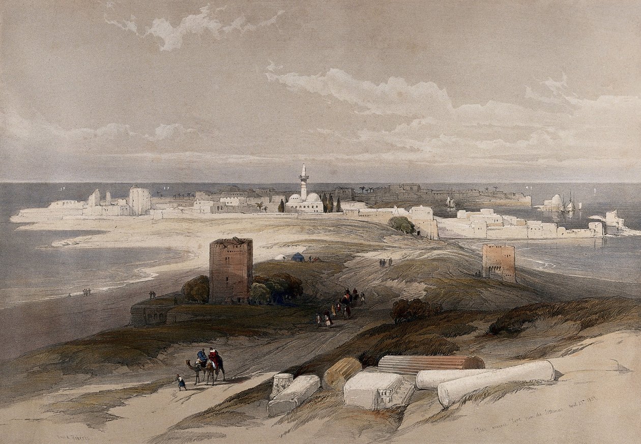 Tírusz ókori városa, az isthmusról nézve. Louis Haghe által David Roberts műve alapján készített színes litográfia, 1843. alkotó: David Roberts