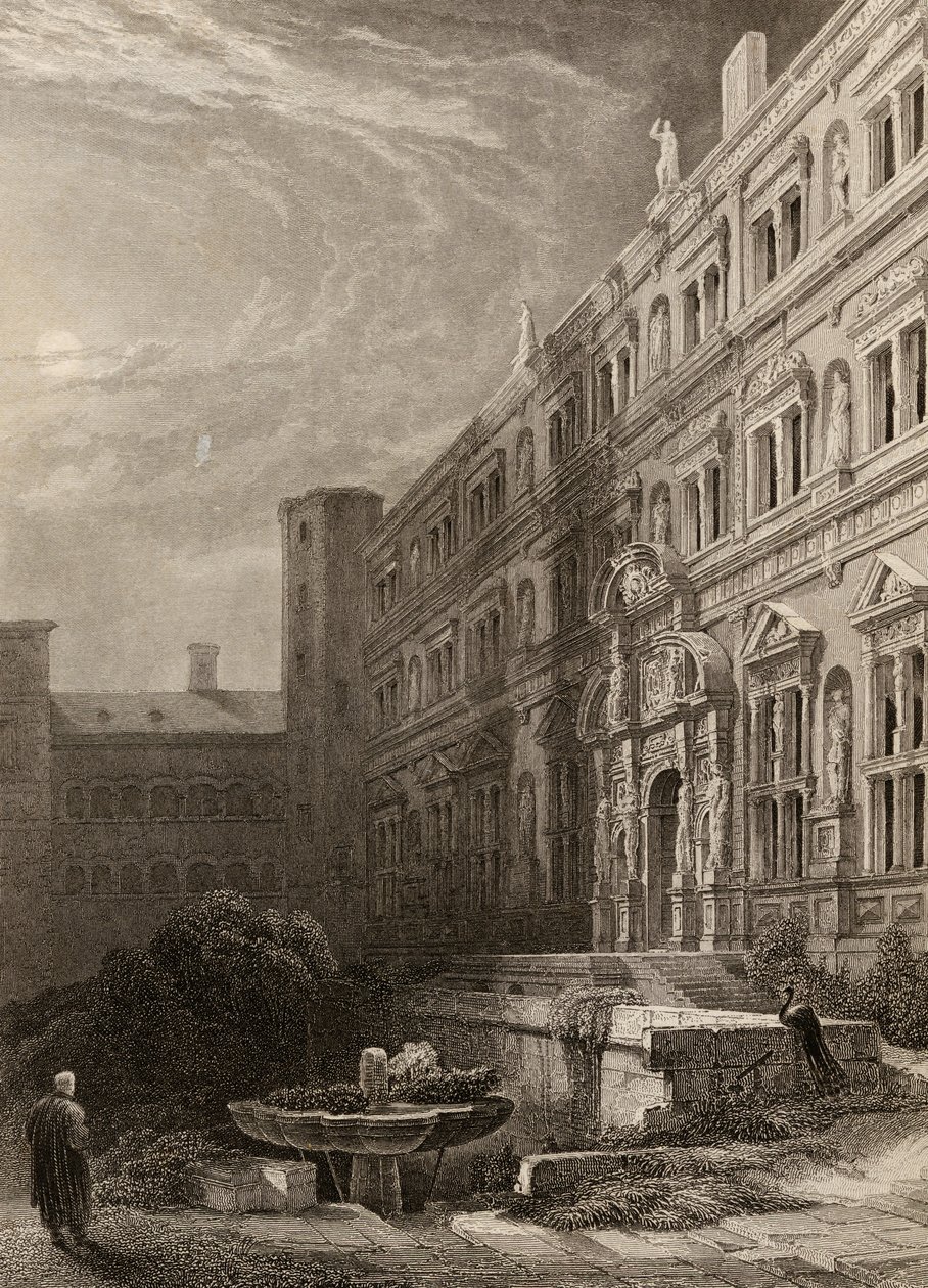 Heidelberg nagy udvara, H. Winkles metszete, illusztráció a „Rajna zarándokai” 1840-ben megjelent könyvéből alkotó: David Roberts