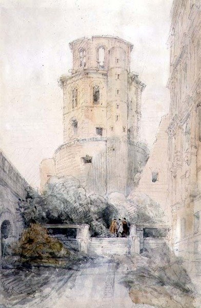 Heidelbergi torony, 1830 körül (ceruza és akvarell papíron) alkotó: David Roberts