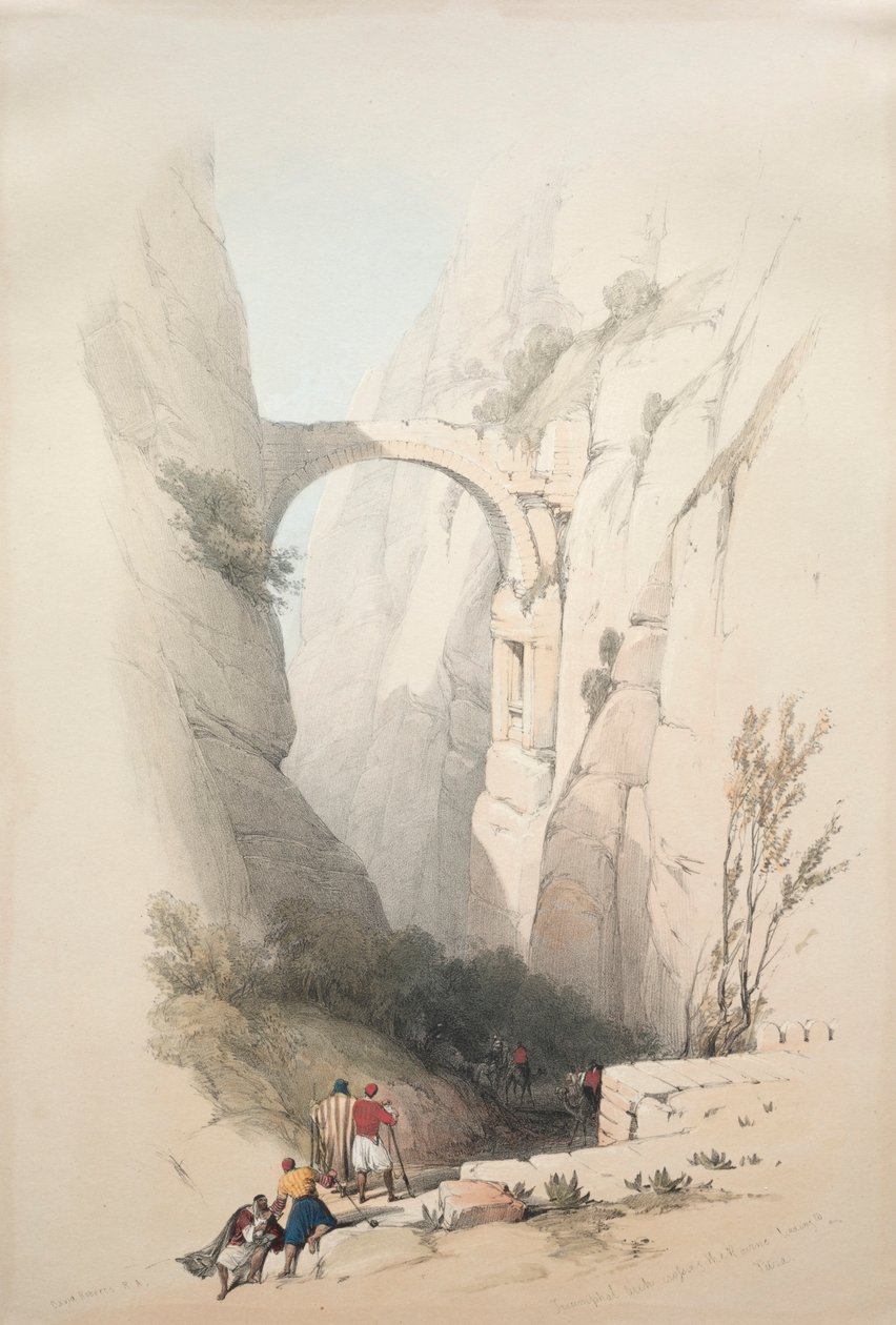 A Petrába vezető szakadékon átívelő diadalív, 1839. alkotó: David Roberts