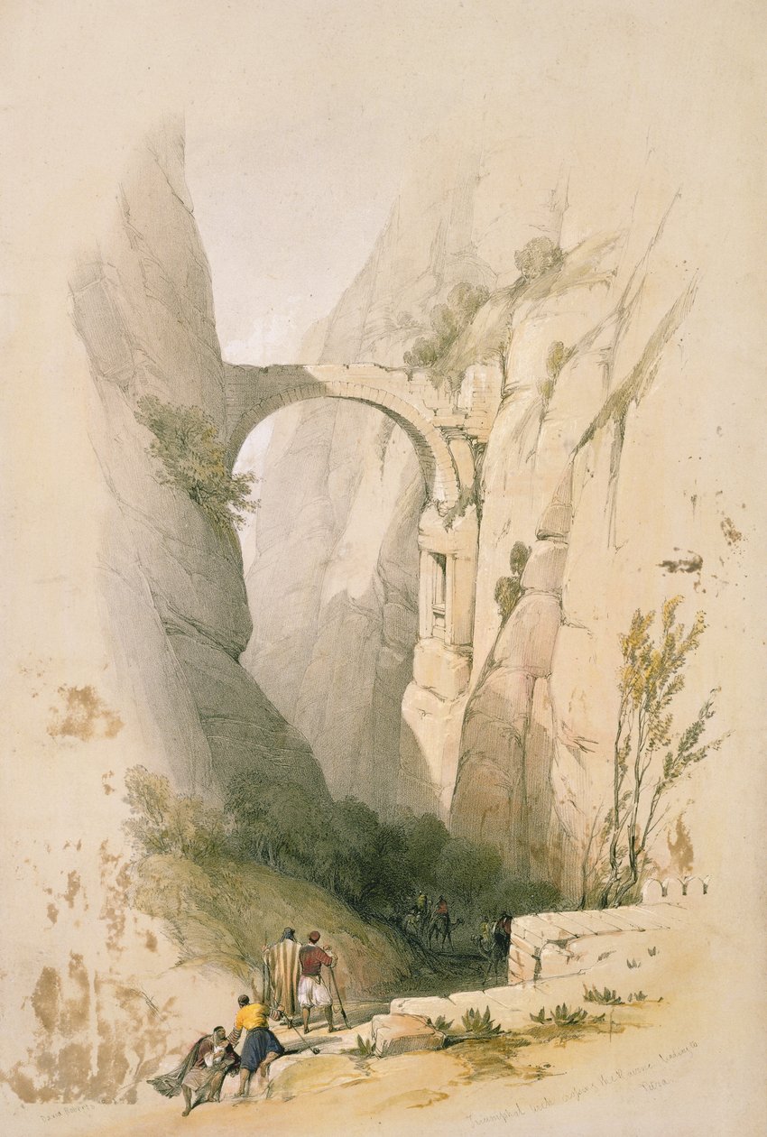 A Petrába vezető szakadékon átívelő diadalív, a „Szentföld” III. kötetének 95. táblája, Louis Haghe (1806-85) kocsma metszetével. 1849 alkotó: David Roberts