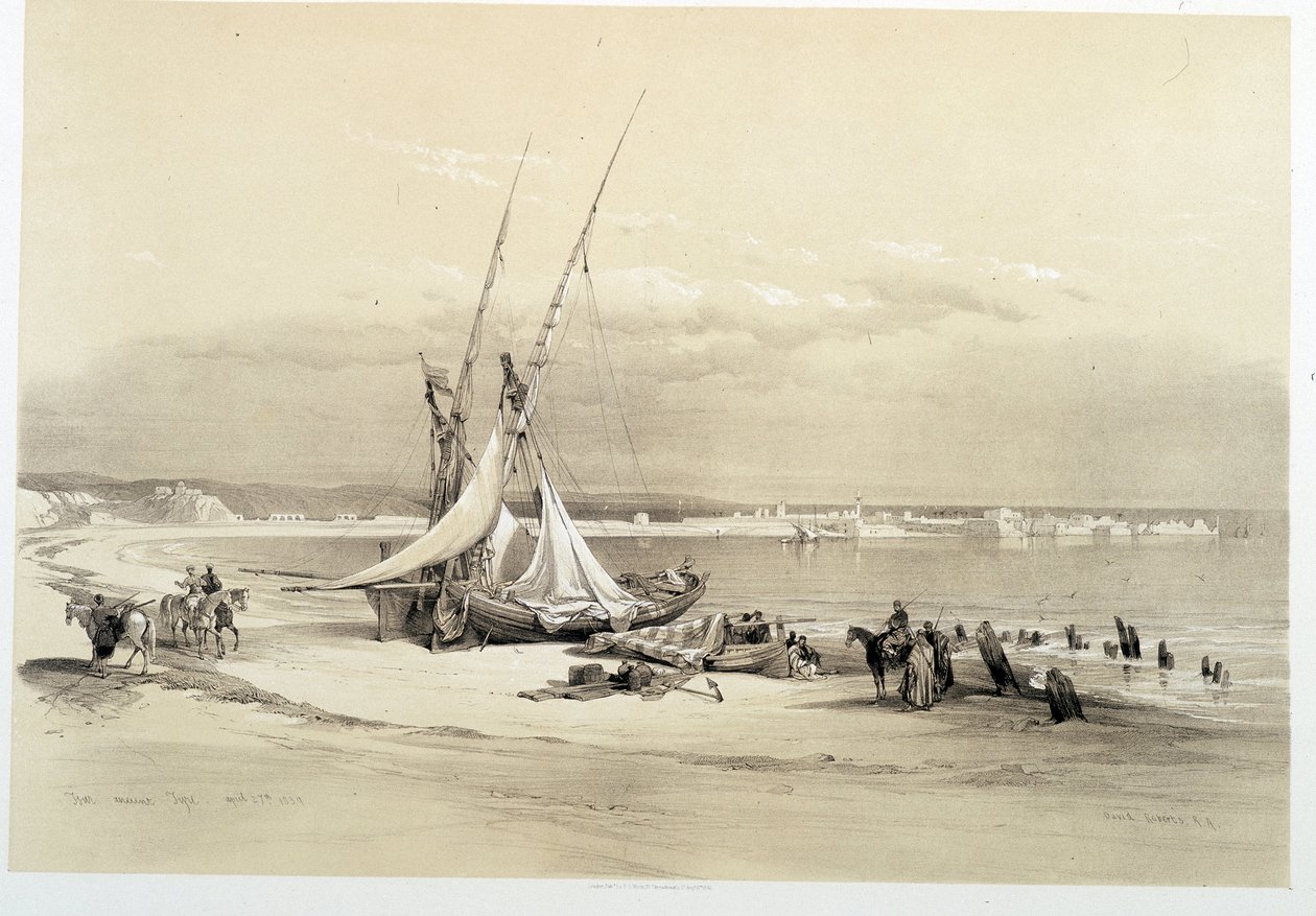 Tyre (Tyre) városának kilátása Libanonban, 1839.04.27-én készült rajz „A Szentföldön”, London 1849 alkotó: David Roberts