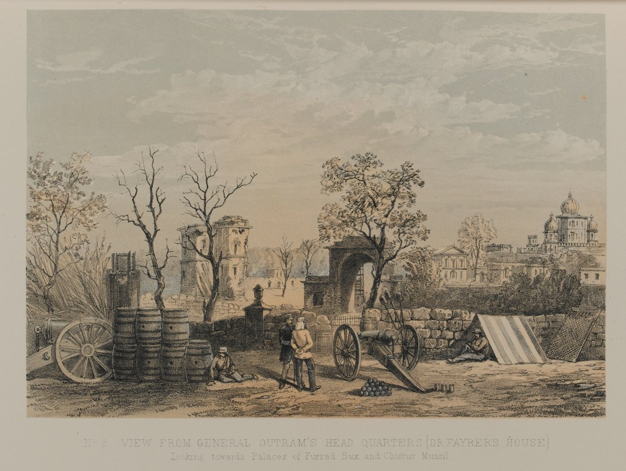 Kilátás Outram tábornok főhadiszállásáról [Dr Fayrer háza]. Furrad Bux és Chuttur Munzil palotái felé nézve alkotó: David Scott Lieutenant Colonel (after) Dodgson