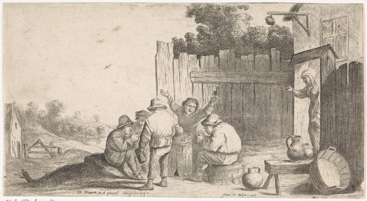 Öt gazda egy tonna körül Szabadtéri műfaji jelenetek (sorozat címe) alkotó: David Teniers (II) (attributed to workshop of)