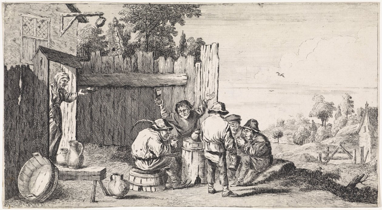 Öt gazda egy tonna körül Műfaji jelenetek a szabadban (sorozat címe) alkotó: David Teniers (II)