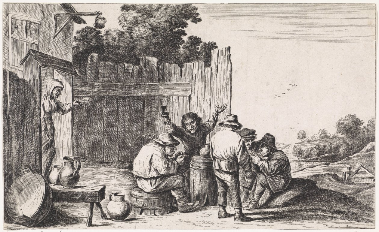Öt gazda egy tonna körül Szabadtéri műfaji jelenetek (sorozat címe) alkotó: David Teniers (II)