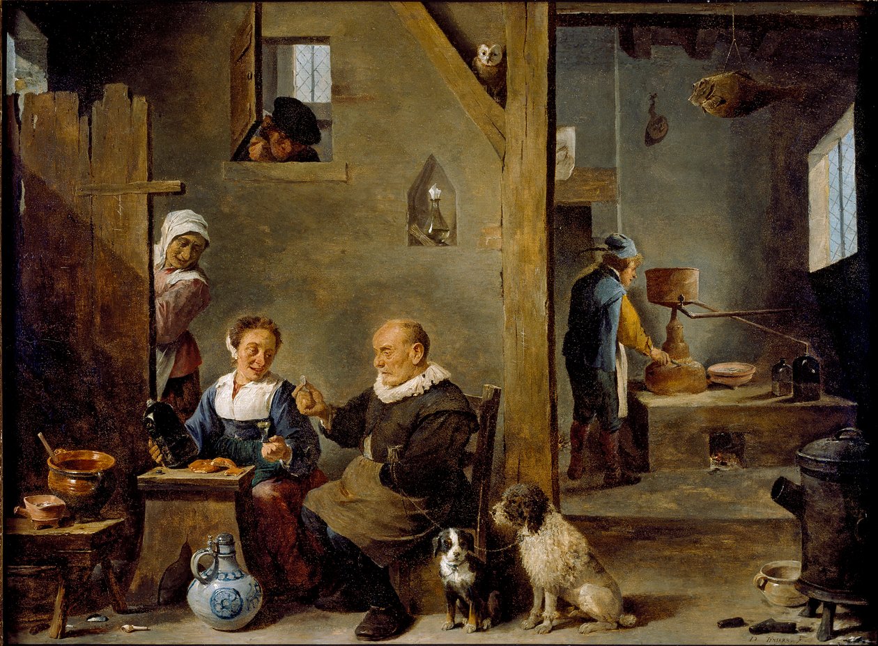Szeszfőzde egy idős férfival, aki gint vásárol egy nőtől, c1640-1649 alkotó: David Teniers II