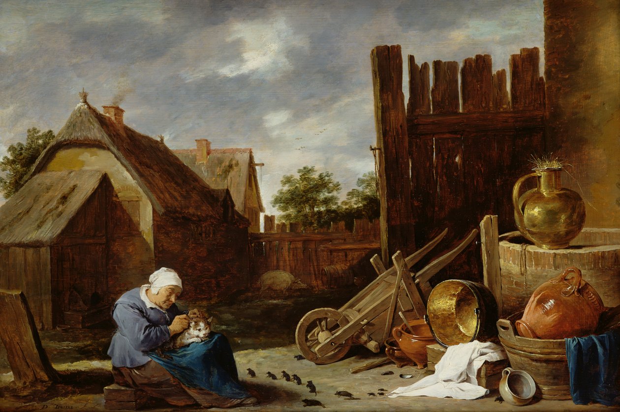 Egy macska, akit egy idős nő gondoz alkotó: David Teniers the Younger