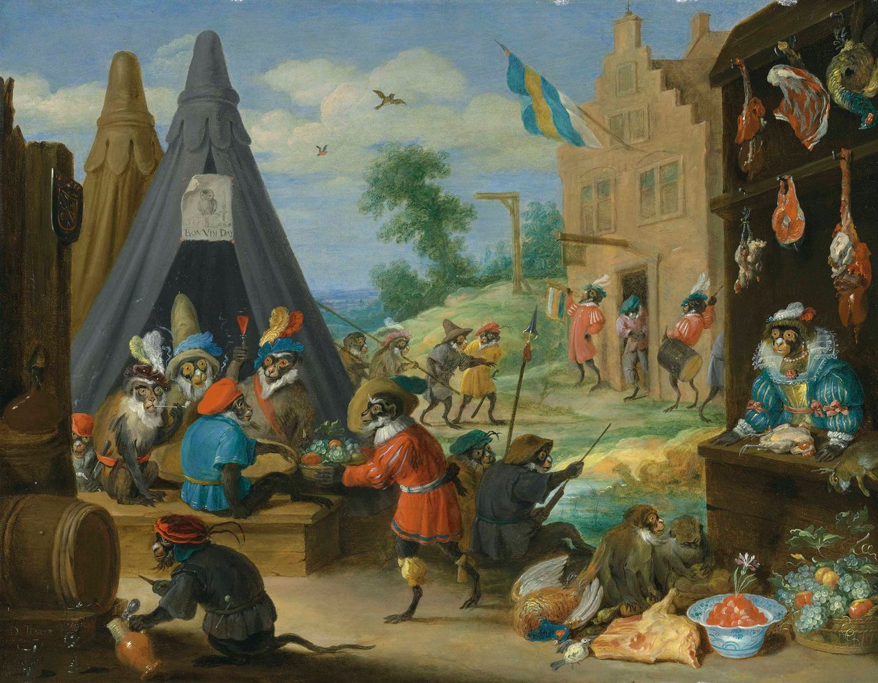 Majmok fesztiválja (katonának öltözött majmok egy város melletti táborban) alkotó: David Teniers the Younger