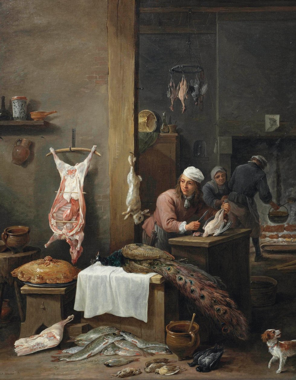 Konyhabelső egy szakácsnővel, aki egy asztalnál vadat készít (Le Cuisinier Flamand) alkotó: David Teniers the Younger