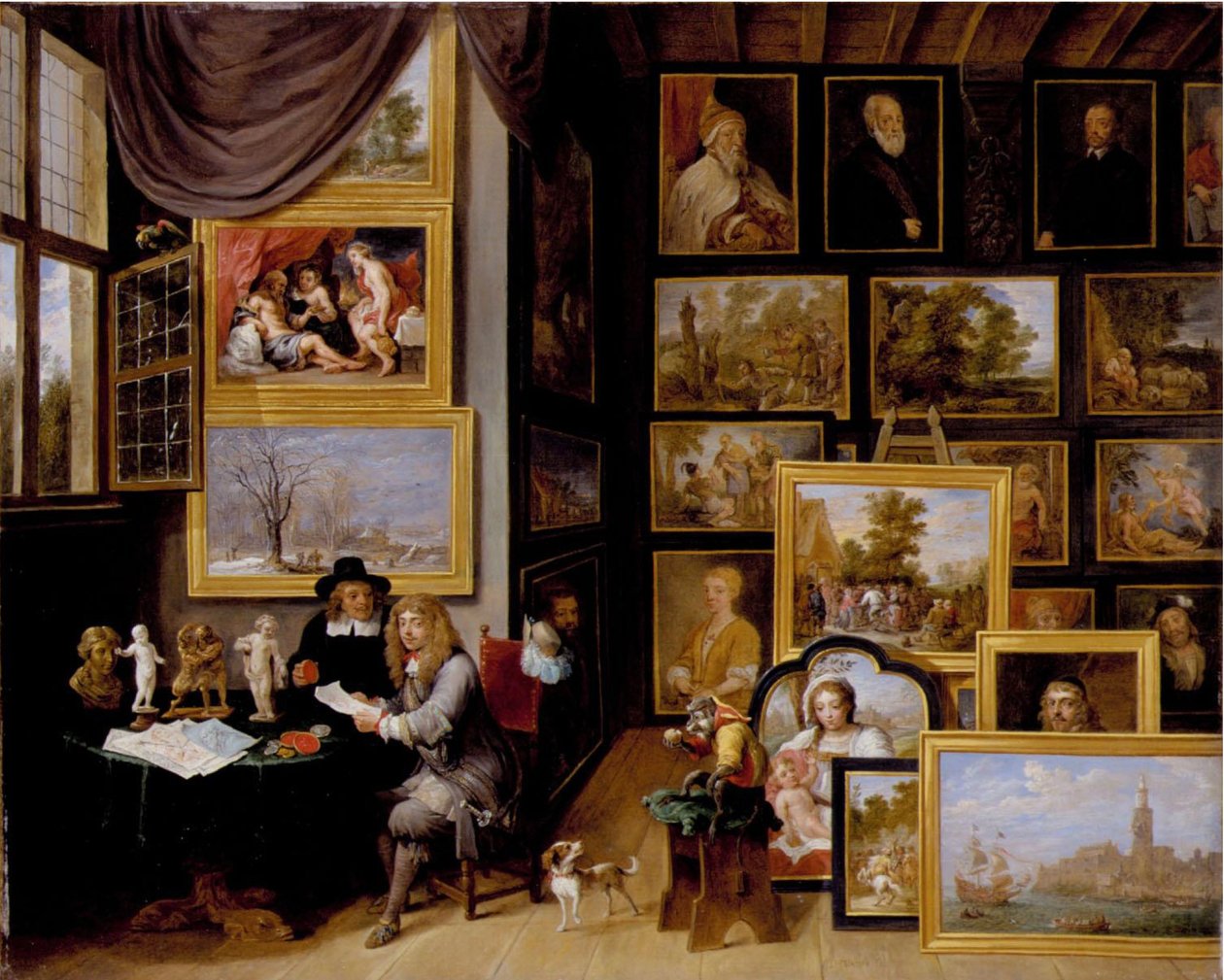Képgaléria két férfival, akik egy pecsétet és egy vörös krétarajzot vizsgálnak, valamint egy majom jelenlétével. alkotó: David Teniers the Younger