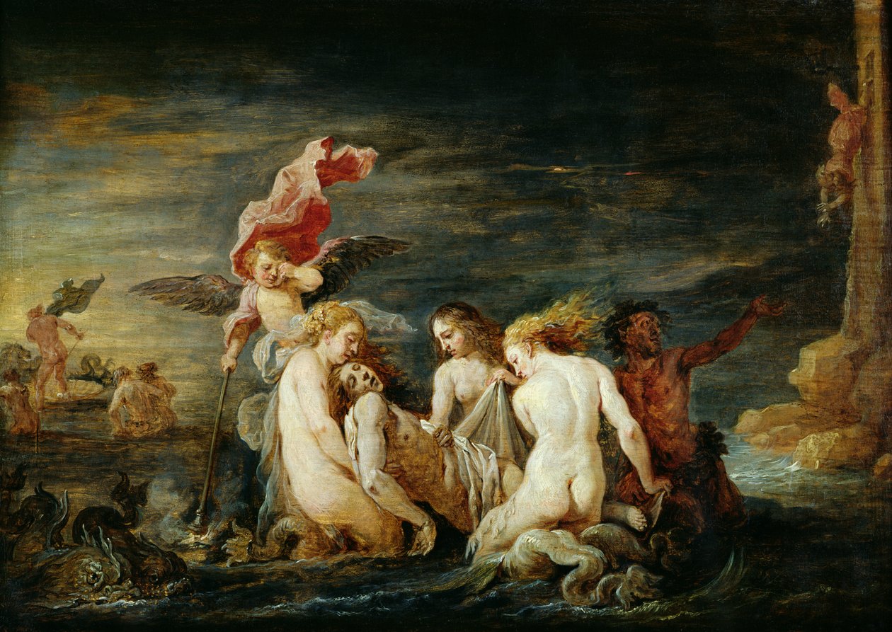 Hős és Leander: Leandert a nereidák találták meg, Domenico Feti festményének másolata, 1650-56 alkotó: David Teniers the Younger
