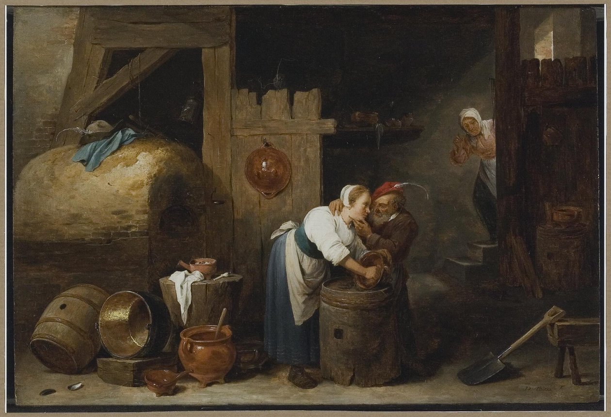 Belső kép egy fiatal nővel, aki edényeket súrol, miközben egy idős férfi zavarja őt. alkotó: David Teniers the Younger