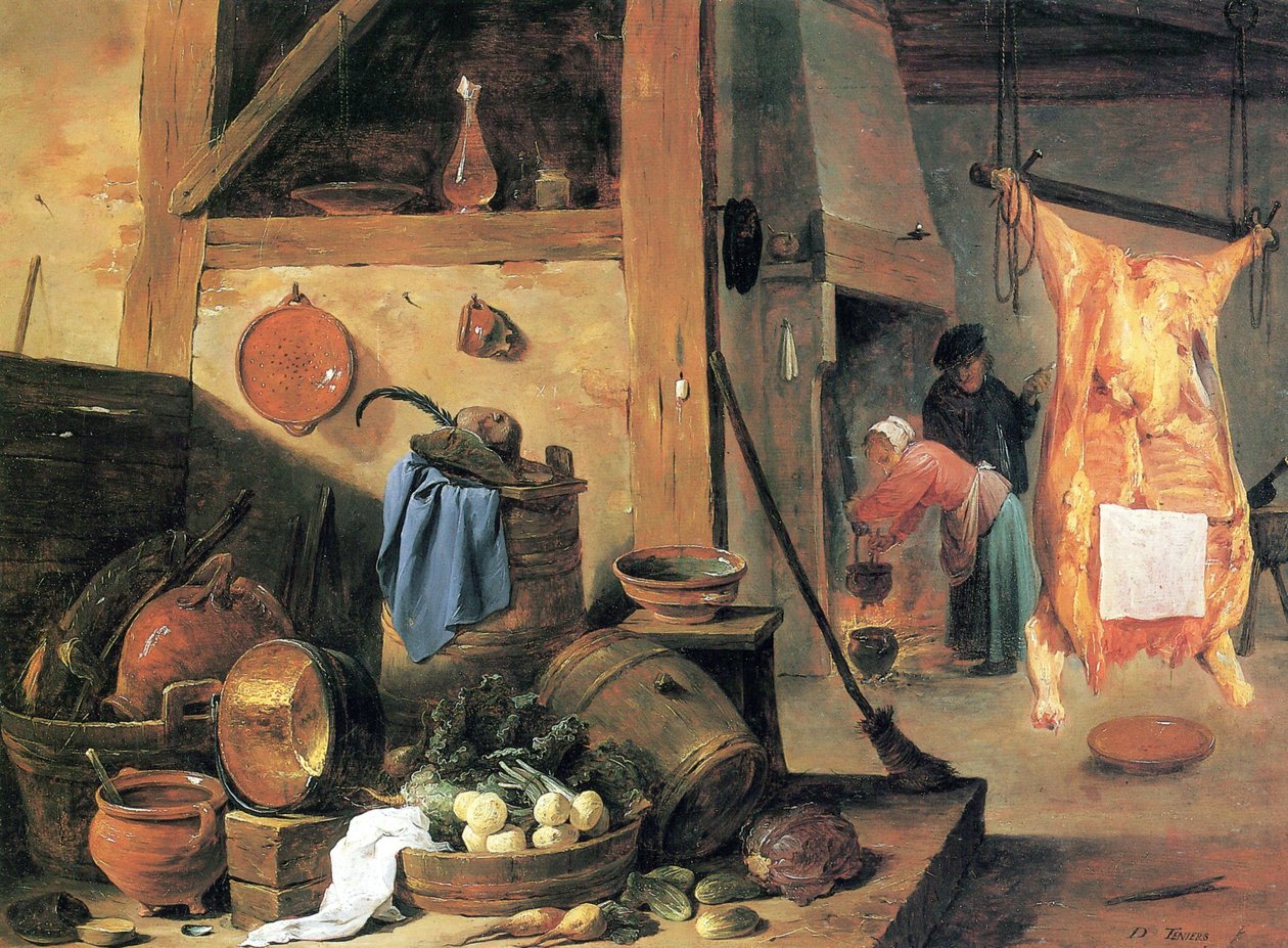 Konyhabelső csendélettel és levágott ökörrel alkotó: David Teniers the Younger