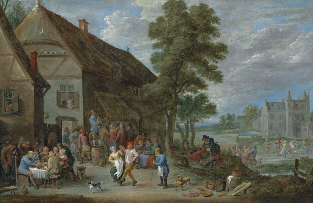 Táncoló parasztok egy percki fogadó előtt, mögötte a Kasteel de Drij Toren alkotó: David Teniers the Younger