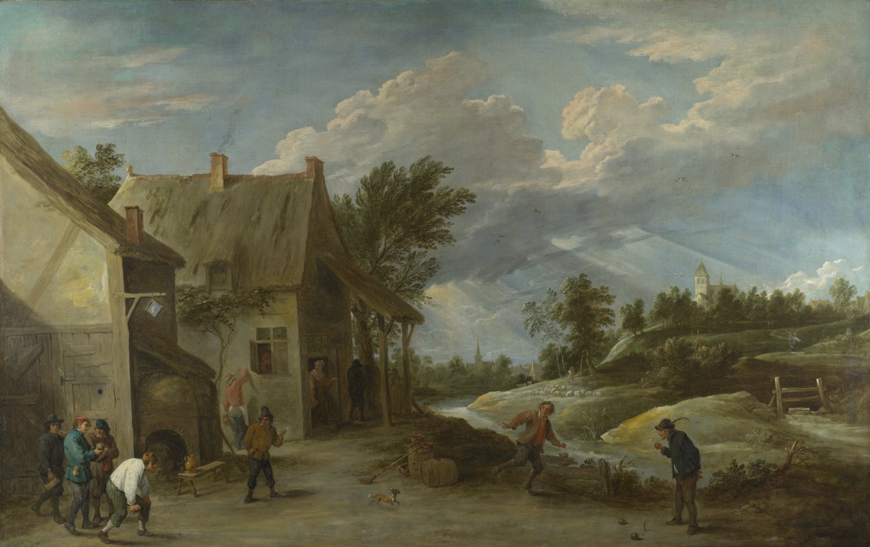 Parasztok, akik tálat játszanak egy falusi fogadó előtt, c. 1660 alkotó: David Teniers the Younger
