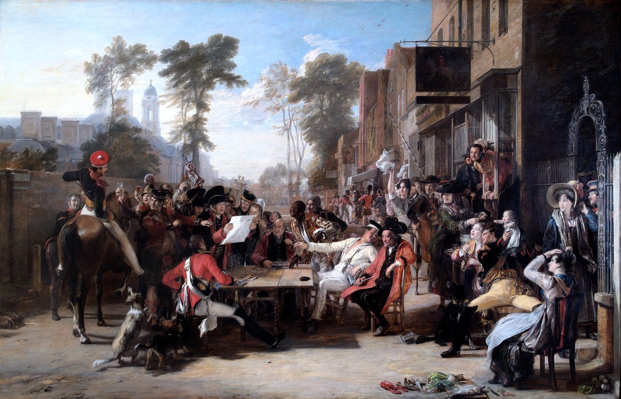 Chelsea nyugdíjasok olvassák a Waterlooi küldeményt (olaj, vászon) alkotó: David Wilkie