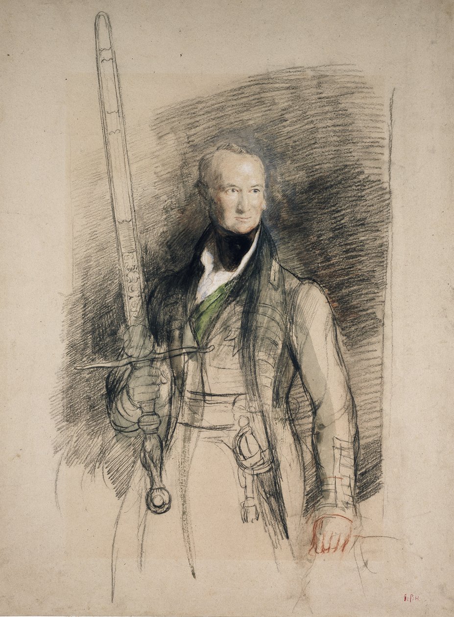 Morton grófja, aki az állam kardját hordozza, 1824 (fekete-vörös kréta wc-vel és testszín szürkés papíron) alkotó: David Wilkie