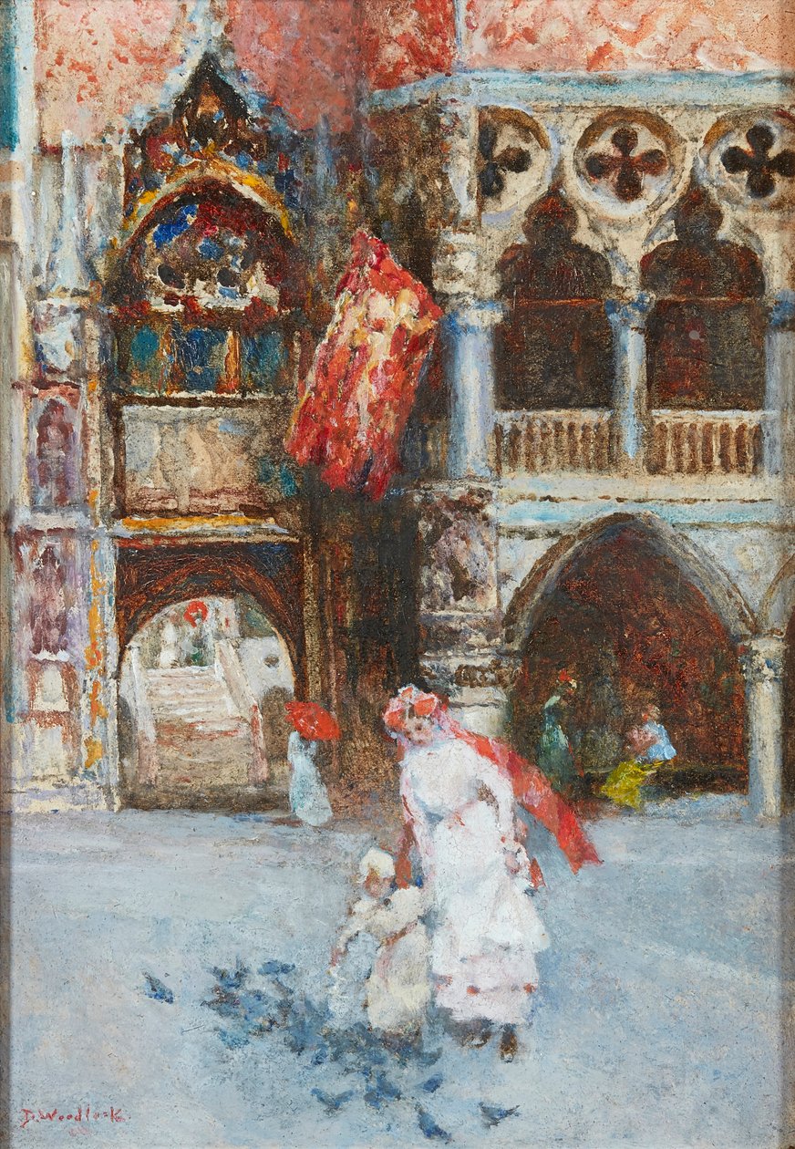 Galambok etetése, Szent Márk tér, Velence (olaj, karton) alkotó: David Woodlock