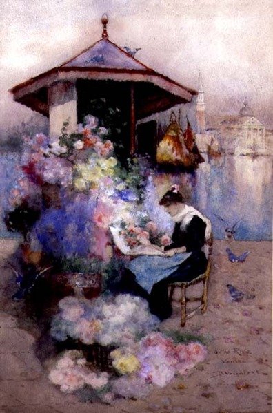Virágárus a Riván, Velence (akvarell papíron) alkotó: David Woodlock